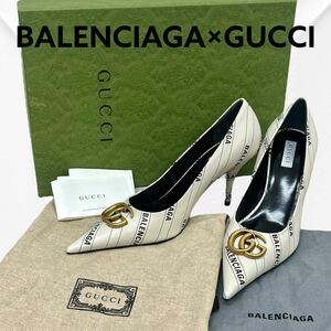 新品未使用 箱保存袋付き BALENCIAGA GUCCI バレンシアガ グッチ ハッカープロジェクト GGマーモント ロゴプリント ヒール パンプス 680760