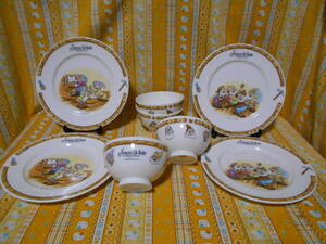 ♪ディズニーユーズド白雪姫七人の小人陶器製ご飯茶碗カフィオレボウル４個＆プレートお皿２種４枚セットこびと