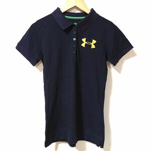 H8240gg UNDER ARMOUR｜アンダーアーマー サイズM位 半袖ポロシャツ ネイビー レディース 黄色ロゴ ブランド名刺繍 襟 バックギャザー