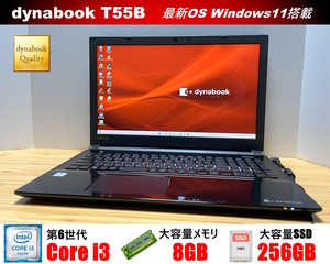 充実装備/機能★東芝 dynabook T55/BB★第6世代Skylake Core i3 6100U/8GB/新品SSD/フルHD/ブルーレイ/Wi-Fi/USB3.0/4K-HDMI/WEBカメラ★