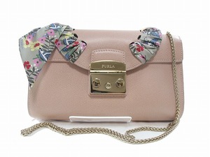 1円　美品　フルラ　FURLA　メトロポリス　★　チェーン　ショルダーバッグ　★　長財布収納可　ペールピンク　レザー　リボン　4769