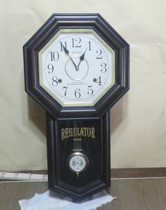 SEIKO セイコー社 アンティーク調 柱時計 掛時計 クオーツ 時打ち付 木枠 八角形 中古 作動品