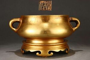 【瓏】古銅鏨刻彫 塗金蚰龍耳香炉 明代 琴書侶款 銅器 古賞物 中国古玩 蔵出