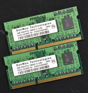 (送料無料) 4GB 2枚組 (合計 8GB) PC3L-12800S DDR3-1600 S.O.DIMM 204pin 1Rx8 SanMax MT Micron (動作確認済 memtest86+) (管:SB0205 x3s