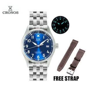 新品 自動巻 Cronos パイロットウォッチ PT5000 ブルー 青 ミリタリー メンズ腕時計 機械式 ハイビート ラグジュアリー