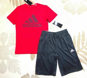 送料込み!!★新品★adidasアディダス★150★快適!半袖Ｔシャツ(レッド/赤)・軽量快適素材!グラフィックハーフパンツ(グレー)★上下★即決