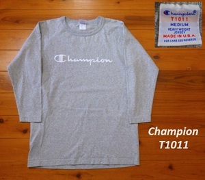 USA製ChampionチャンピオンT1011ラグランTシャツMグレー★七分袖