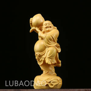 仏師彫り 特上彫 弥勒仏 桃を挙 弥勒 仏像 木彫り細密彫刻 仏教工芸品 総柘植材