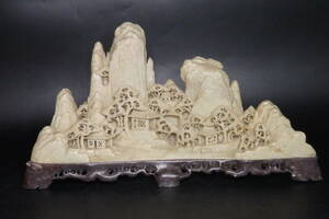 【友】中国美術 山水楼閣極上細密彫 寿山石置物 時代古玩①