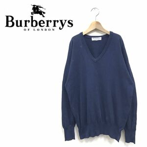 A492-R◆英国製 Burberrys バーバリーズ Vネックニットセーター◆サイズ40 102 メンズ 紳士 トップス 無地 スクール 綿100% ネイビー