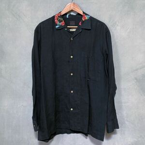 日本製 Papas パパス リネン100% 襟ハワイアンプリント オープンカラー 開襟 リネンシャツ size.M ブラック アロハ 長袖
