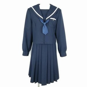 1円 セーラー服 スカート ネクタイ 上下3点セット M 冬物 白1本線 女子 学生服 中学 高校 紺 制服 中古 ランクB NA2275