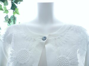 【新品】8404【LL】上質 大きな花刺繍オーガンジー 切替カーディガン 白 長袖 ストレッチ 上品 40代 50代 60代 春 夏