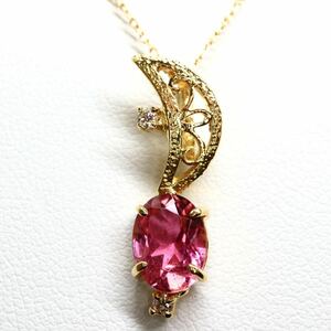 《K18 天然トルマリン/天然ダイヤモンドネックレス》M 2.6g 約44.5cm 1.21ct 0.03ct pink tourmaline necklace ジュエリー jewelry EA3/EA3