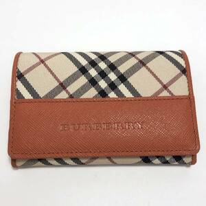 【中古】BURBERRY バーバリー カードケース 名刺入れ 二つ折り ノバチェック チェック柄 レザー ベージュ キャメル