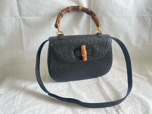 MI0604-41I　ゆうパック着払い　GUCCI　バンブー　オーストリッチ　ハンドバッグ　ショルダーバッグ　000.01.0633　鞄　ブラック系　グッチ