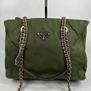 1円〜【入手困難品】 PRADA プラダ チェーン ショルダーバッグ カーキ グリーン系 ナイロン トートバッグ 三角ロゴ　メンズ レディース