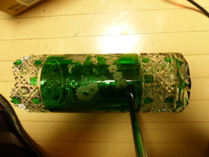 レア MEISSEN マイセン フラワーベース クリスタルガラス カットガラス切子 花瓶 グリーン 高さ30㎝ 美品