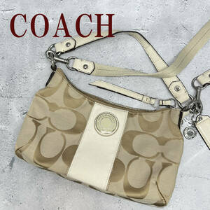 ◆正規品/鑑定済◆ COACH シグネチャー ショルダーバッグ クロスボディ ベージュ アイボリー レディース