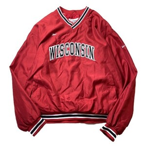 NFL! 90s Reebok リーボック ヴィンテージ WISCONSIN ロゴ刺繍 プルオーバー ナイロンジャケット レッド 赤 L 大きいサイズ メンズ 古着