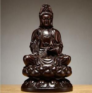 爆売り！仏教美術 精密細工 木彫り 黒檀木 観音菩薩座像　仏像　置物13cm 
