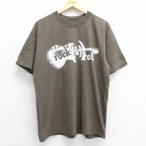 L/古着 半袖 ビンテージ ロック バンド Tシャツ メンズ 90s ロックンロールの殿堂 ギター コットン クルーネック 茶系 ブラウン 23jul2