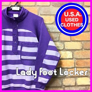 ME11-626★USA古着★訳アリ格安!! ★【Lady Foot Locker】5ボタン ボーダー ラグラン お洒落 スウェットシャツ【レディース M】紫