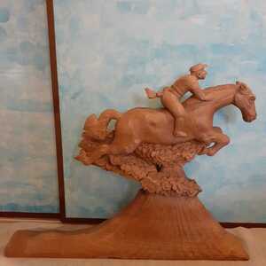 彫刻 木彫り オブジェ 天馬 富士山 銘あり 約70.5cm×56cm×12cm
