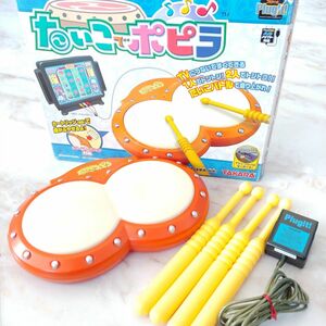 【※訳あり※】TAKARA タカラ たいこでポピラ 太鼓 リズム ゲーム 撥 4本セット 箱 ACアダプター 付 レトロ 玩具 1円スタート SA1084