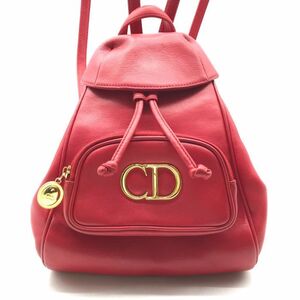 美品 Christian Dior ディオール CDロゴ 金具 ヴィンテージ レザー リュック バッグ パック レッド ga2682
