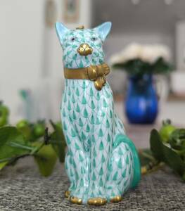 即決【HEREND】ハンガリー製 ヘレンド Herend FIRST EDITION フィギュリン 猫 置物 陶器 フィッシュネット キャット ゴールドリボン 