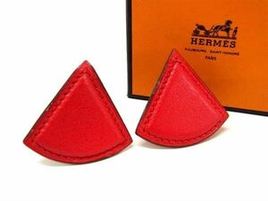 1円 ■美品■ HERMES エルメス クシュベル トライアングル クリップ式 レザー イヤリング アクセサリー レディース レッド系 AS9697