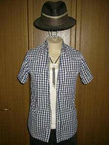 MADE IN JAPAN DENIME ドゥニーム 紺 青 白 ギンガムチェック ウエスタンシャツ S 日本製 半袖 チェックシャツ シャツ ( M ロカビリー