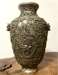中国美術 古白銅 乾隆年製 花瓶多五本爪龍双耳獅子刻 高さ約24㎝