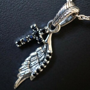 シルバー925 スター シルバーペンダント 天使の羽 十字架 クロス ブラック 銀925 k0286