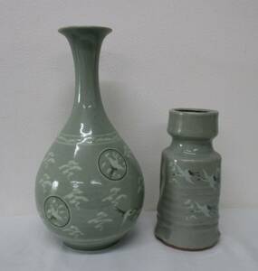 青磁花瓶 2点セット 五鶴 雲鶴紋 陶器 花器 花入