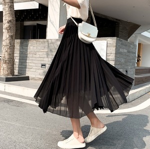 プリーツスカート シフォンスカート フリーサイズ 総ゴムでストレスフリー 黒色 ハイウエストロングスカート Aラインプリーツスカート