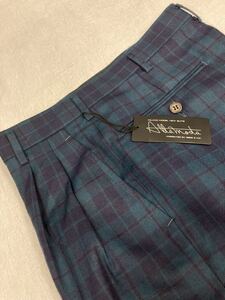 ｛新品｝未使用 カジュアル ゴルフスラックス サイズ 73cm 2タック 日本製 毛 100% タータンチェック 青緑色