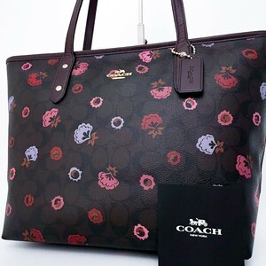 1円〜■極美品■COACH コーチ 総柄 花 チャーム ロゴ トートバッグ ビジネス 大容量 A4 レディース メンズ レザー ブラウン 茶色