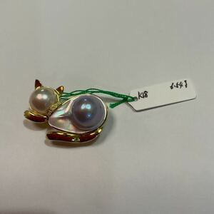 k18マベ真珠猫モーチフ　ブローチ