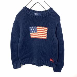 ■日本製 子供用 ビンテージ Polo by Ralph Lauren ラルフローレン 星条旗 コットンニットセーター 古着 アメカジ ネイビー サイズ6■