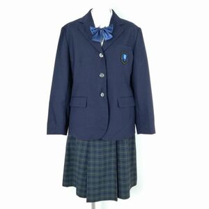 1円 ブレザー チェックスカート リボン 上下4点セット LL 大きいサイズ 冬物 女子 学生服 あずさ第一高校 紺 制服 中古 ランクB NA4045