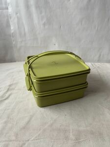 デッドストック Tupperwareタッパーウェア デュエット 2段ランチボックス ハンドルすのこ付き 緑色 日本製 お弁当箱昭和レトロコレクション