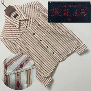 良品■R.J.B Flat Head■ダイヤ スペード ウエスタンシャツ 36 S アイボリー 朱赤 レッド コードパイピング ストライプ 刺繍ワンポイント