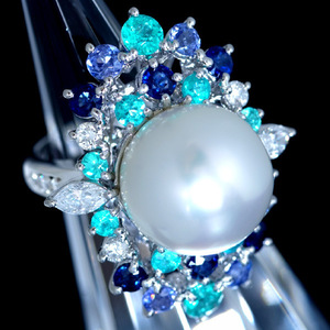 D0568【TASAKI】タヒチ 美しい南洋真珠１２．９mm 逸品パライバトルマリン 天然絶品ダイヤモンド０．６０ct 最高級Pｔ900無垢リング