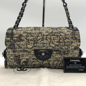 ［極上］CHANEL シャネル　アイコンプリント　カメリア　チェーンショルダー　ワンショルダー　ツイード　ブラックイエロー　ハンドバッグ