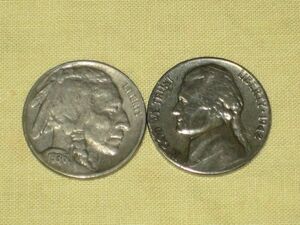 世界のコイン　USアメリカ古銭２枚　1936年・1942年 5セント FIVE CENTS
