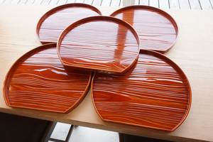 春慶塗　漆器　盆-　脇引き　膳　木製　５客　　検索：茶道具　茶懐石道具　日本料理