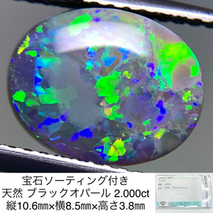 宝石ソーティング付き 天然 ブラックオパール 2.000ct 縦10.6㎜×横8.5㎜×高さ3.8㎜ 3113Y