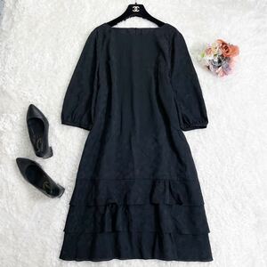 新品同様★レリアン Leilian★大きいサイズ 〜SIZE17 3XL相当〜★段々フリル★シャドー水玉★七分袖*ロングワンピース ブラック